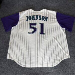 Nike White Pinstripe Baseball Jersey with Purple Sleeves - Johnson 51